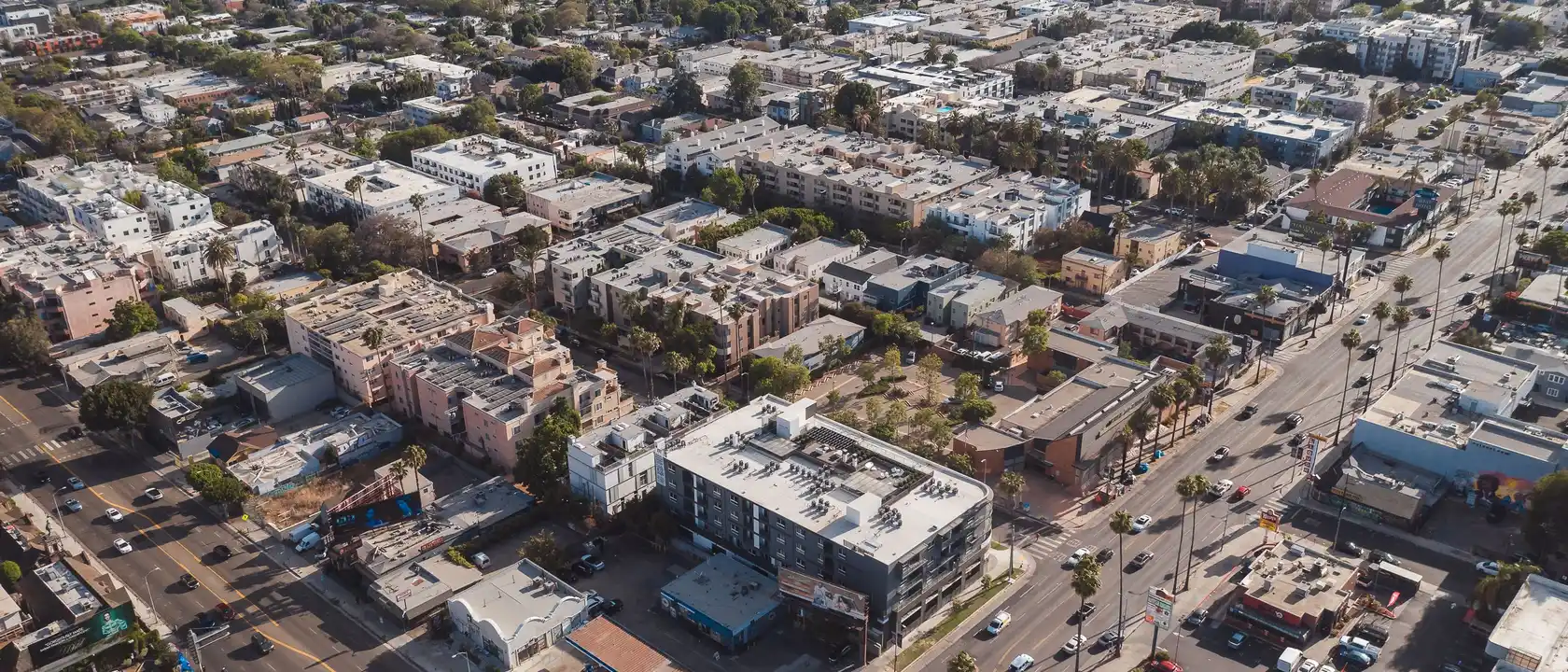 Aerial view of a Los Angeles commercial corridor on a sunny day