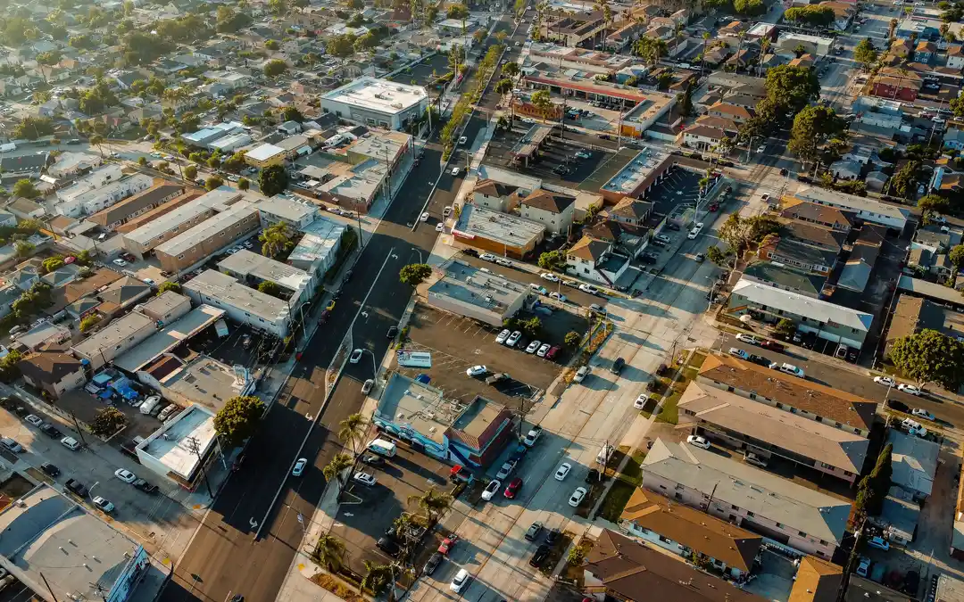 Aerial view of a dense Southern California residential neighborhood