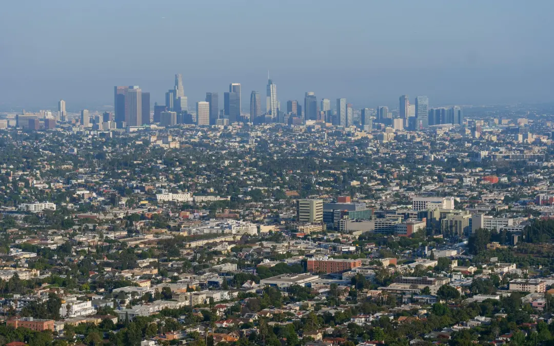 Aerial view of a hillside residential area in West Los Angeles