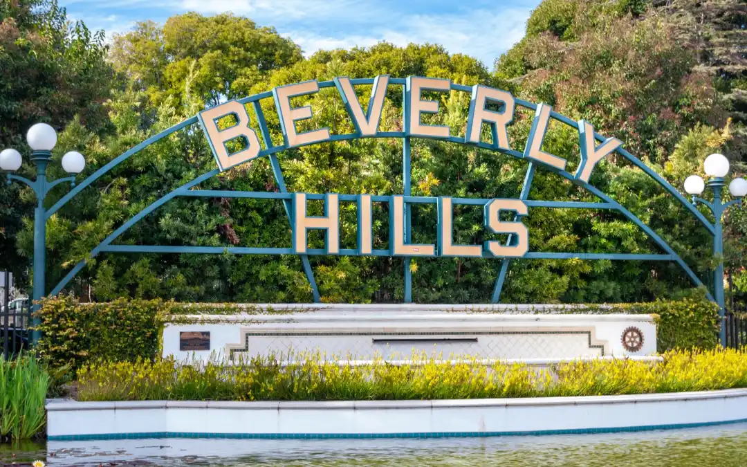 The landmark Beverly Hills garden sign on a sunny day