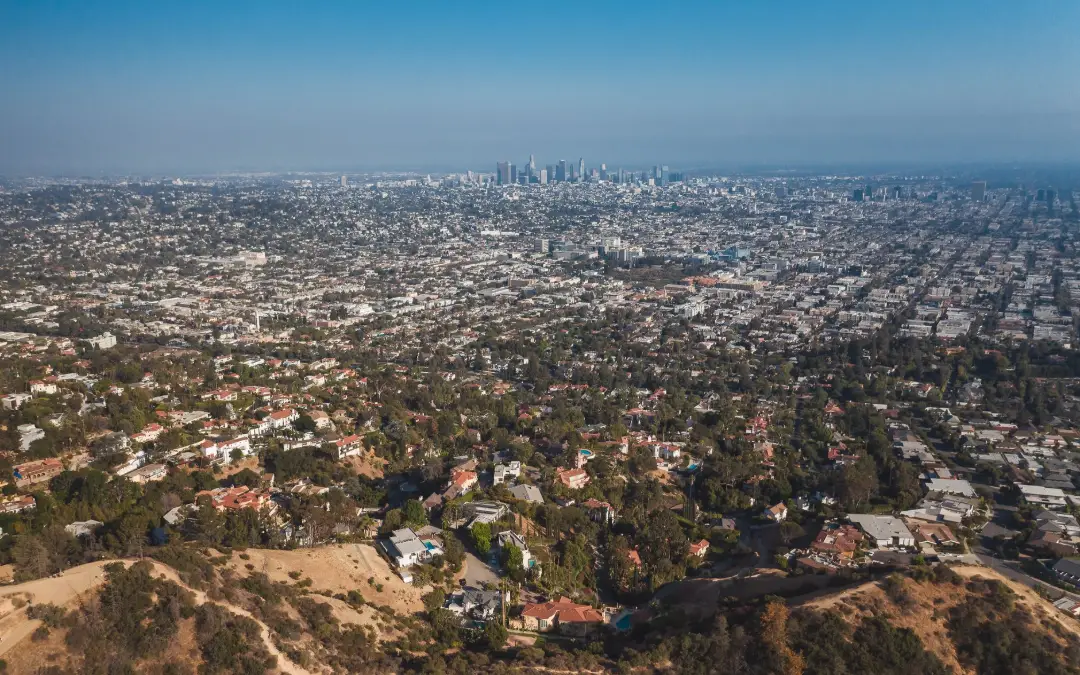 Aerial view of a West Los Angeles residential district on a clear day