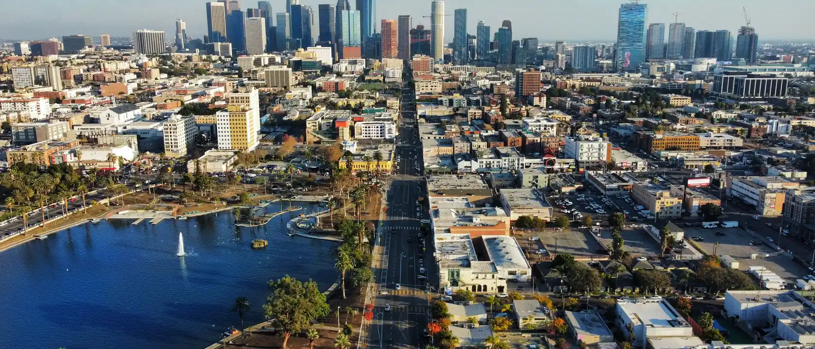 Echo Park Lake with the downtown Los Angeles skyline beyond, Echo Park, CA