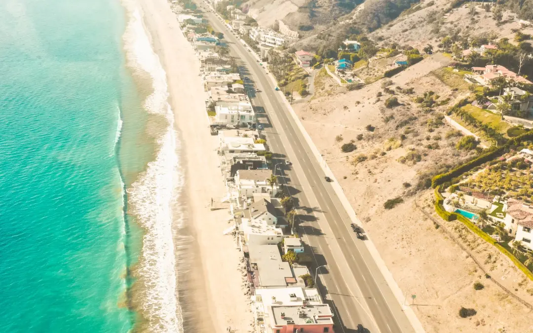 Aerial view of a Southern California beach and coastal highway