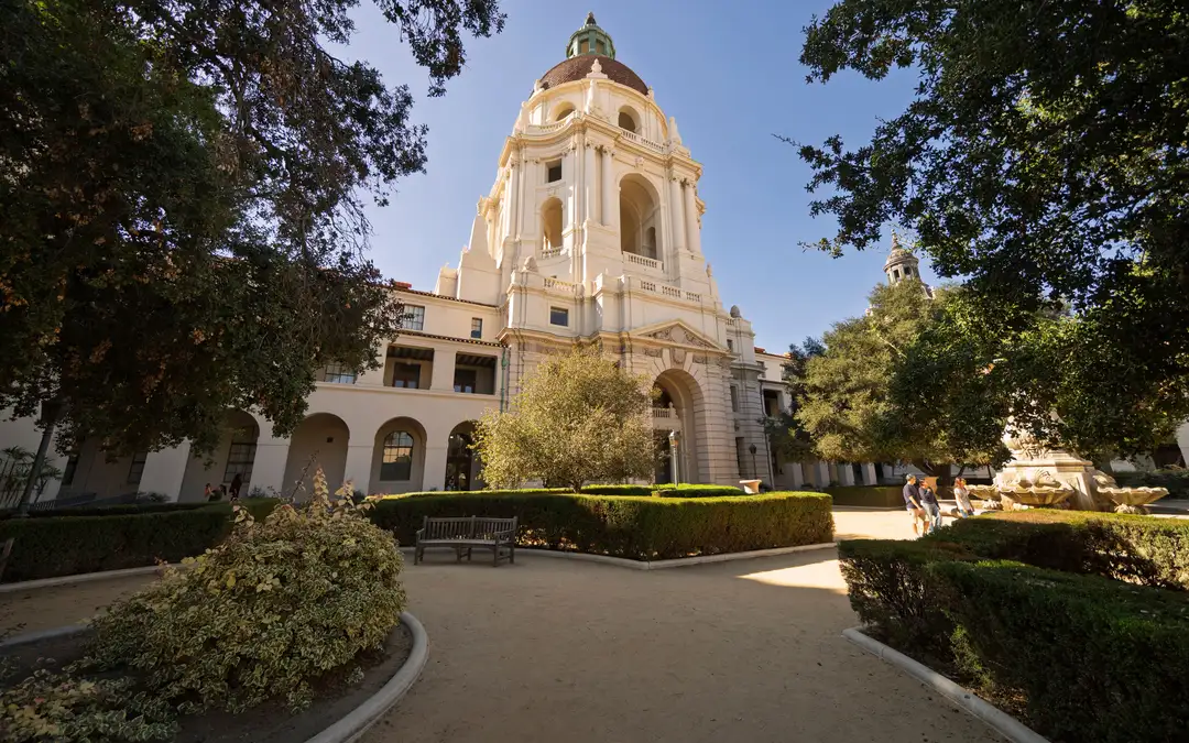 Pasadena City Hall and its gardens on a sunny day in Pasadena, CA