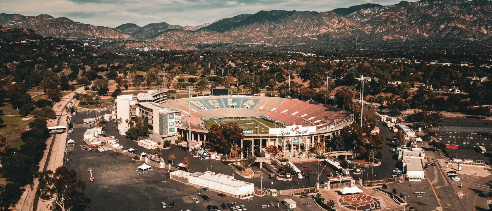 The Rose Bowl below the San Gabriel Mountains in Pasadena, CA