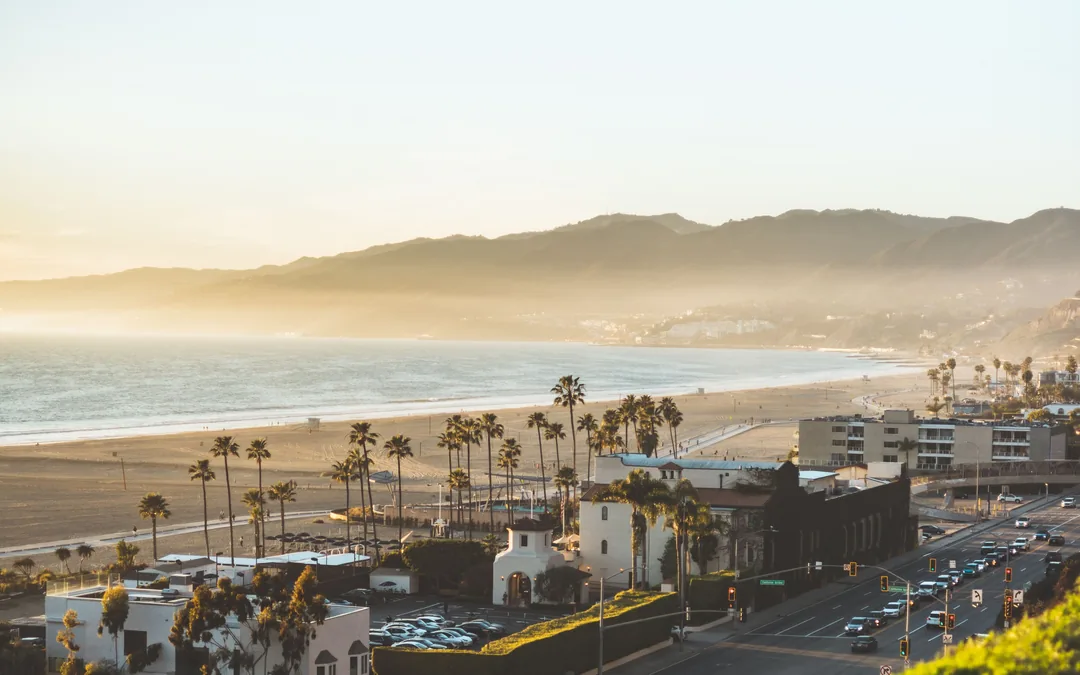The Santa Monica beach and coastline at golden hour