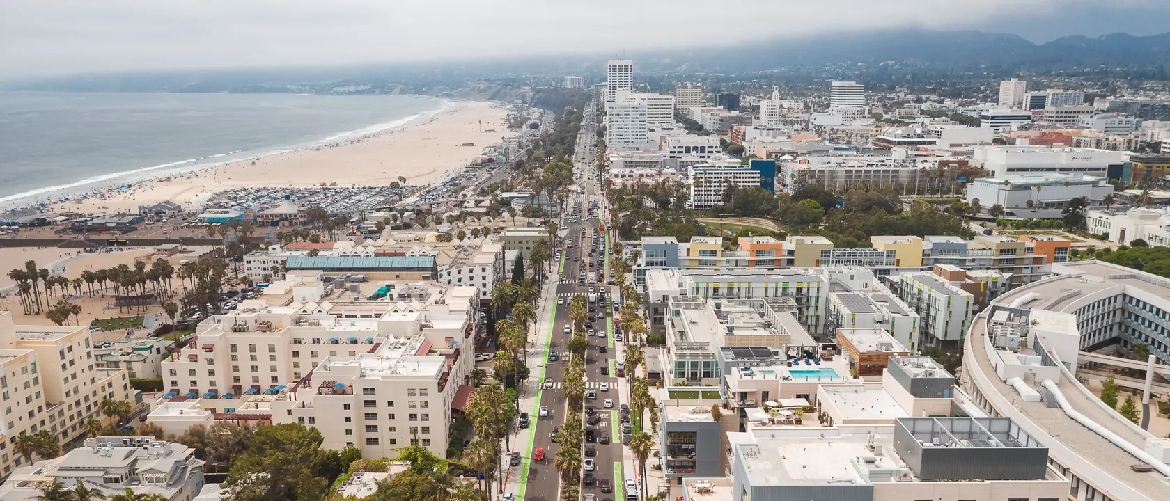 Aerial view of the Santa Monica coastline and city, California