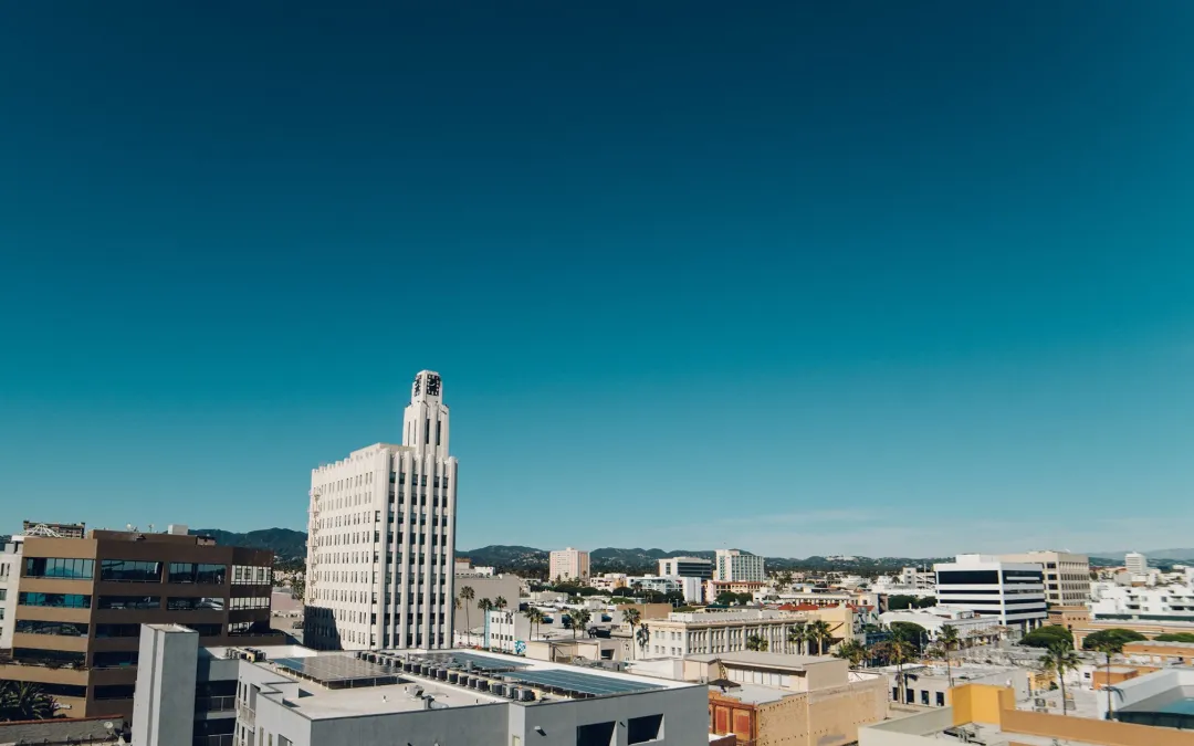 A sunlit high-rise office building in West Los Angeles