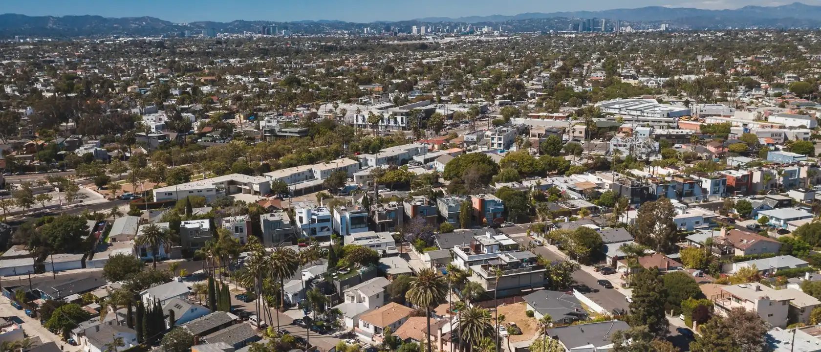 Aerial view over a sunny West Los Angeles neighborhood